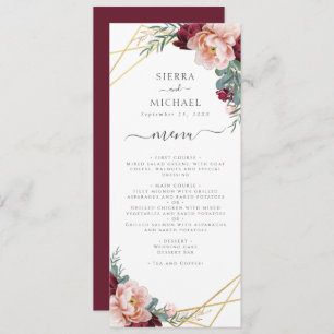 Chic Floral Blush Burgundy Gold Wedding Reception Menu