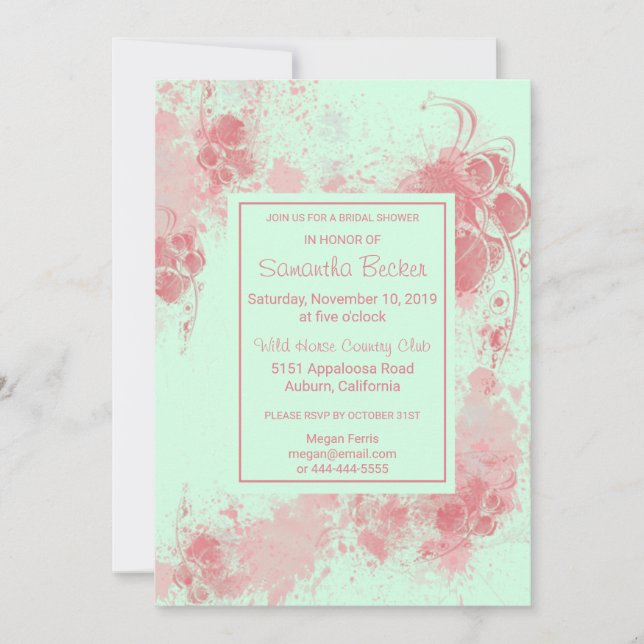 Chic Floral Blush Paint Splatter Bridal Shower Invitation (Front)