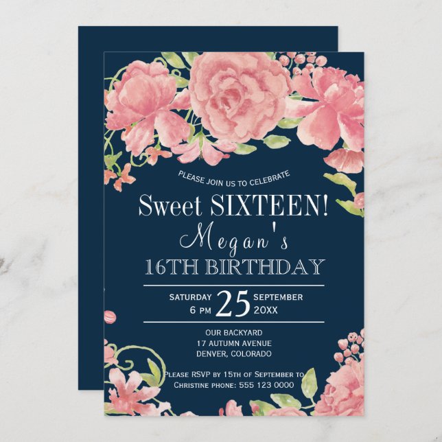 Chic floral blush peonies on navy sweet sixteen invitation (Front/Back)