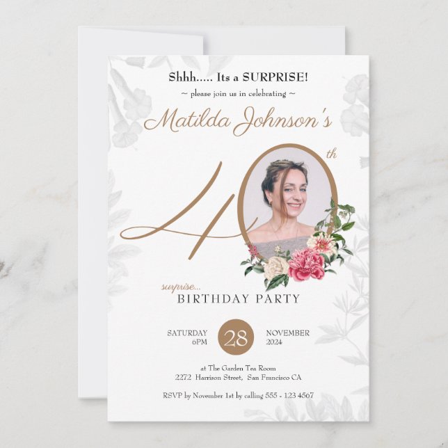 Chic Floral Botanical Photo Surprise 40th Birthday Invitation (Front)
