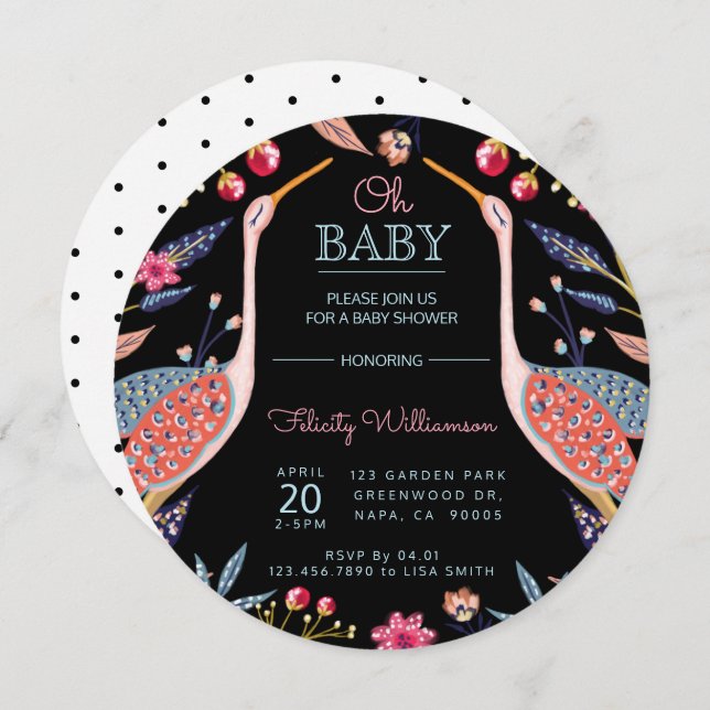 Chic Floral Botanical Stork Baby Shower Invitation (Front/Back)