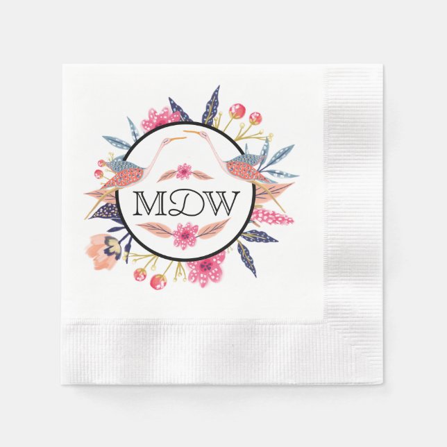 Chic Floral Botanical Stork Birds Baby Shower Napkin (Front)