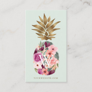 Chic Floral Botanical Watercolor Golden Pineapple Business Card