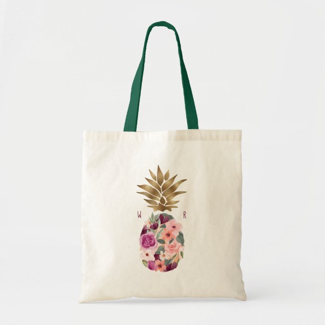 Chic Floral Botanical Watercolor Golden Pineapple Tote Bag (Front)