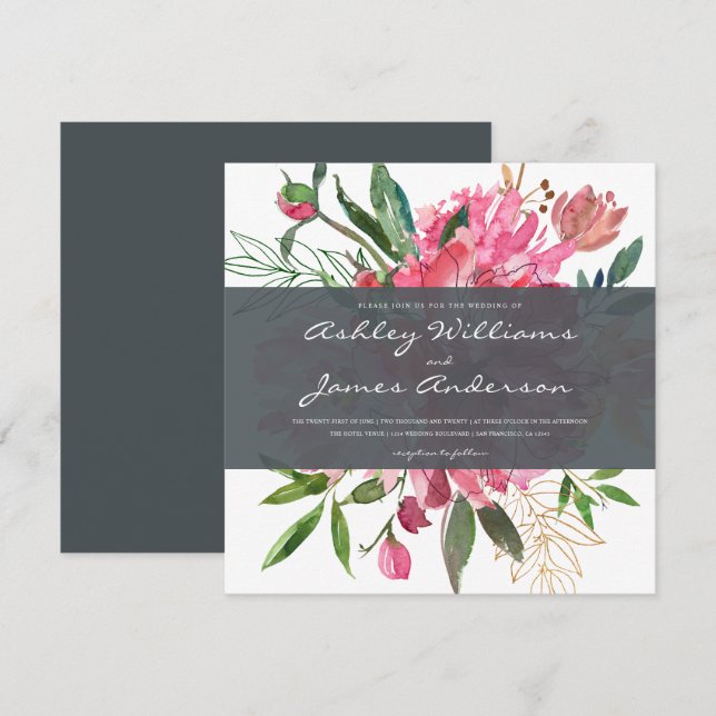 Chic Floral Botanical Wedding Invitation | Square (Front/Back)