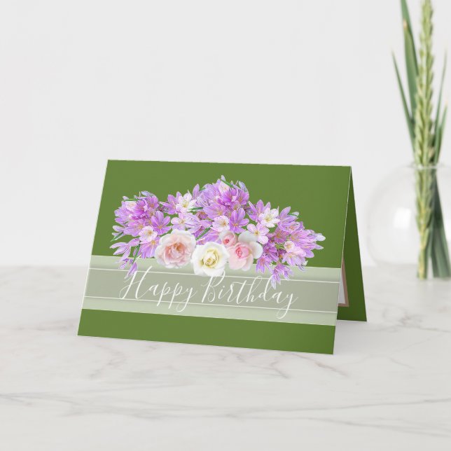 Chic Floral Bouquet Rose & Crocus Flowers Birthday Card (Front)