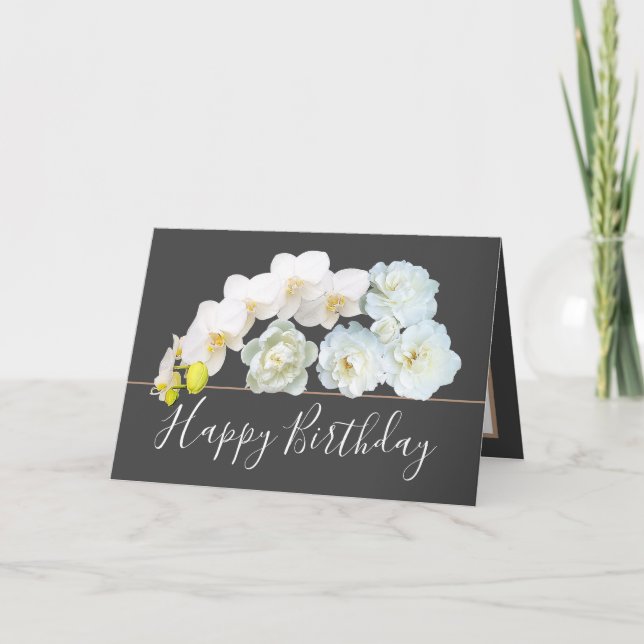 Chic Floral Bouquet Rose & Orchid Flowers Birthday Card (Front)