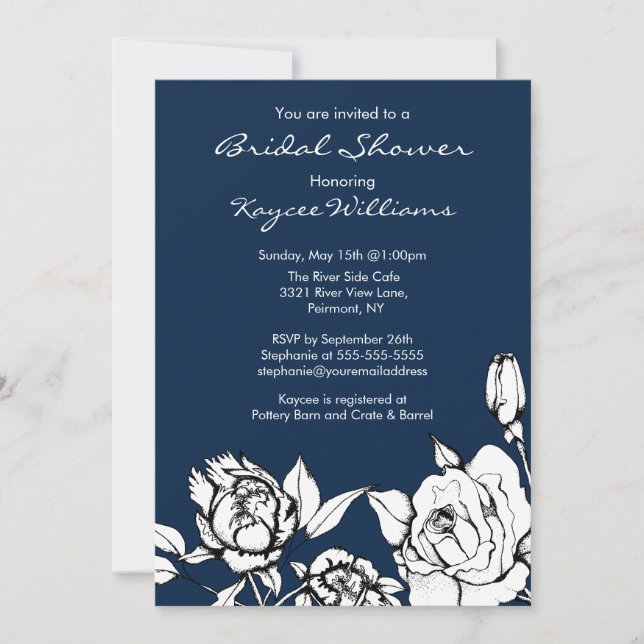 Chic Floral  Bridal Shower Invitation Dark Blue (Front)