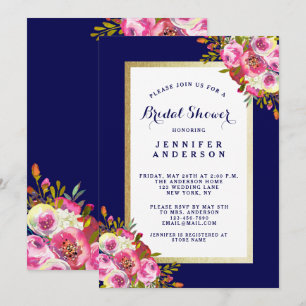 Chic Floral Bridal Shower Invite Navy Blue Pink