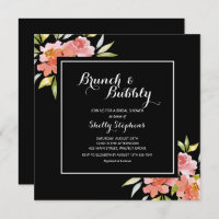 Chic Floral Brunch and Bubbly Black Invitations