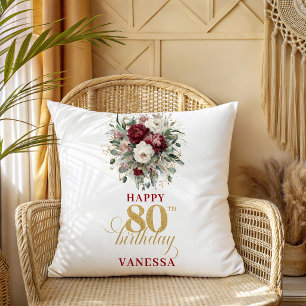 Chic Floral Burgundy 80th Birthday Gift Pillow
