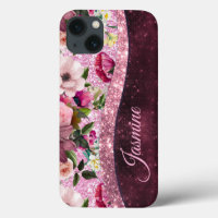 Chic floral Burgundy pink purple glitter monogram