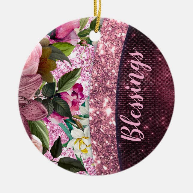 Chic floral Burgundy pink purple glitter monogram Ceramic Tree Decoration (Front)
