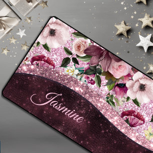 Chic floral Burgundy pink purple glitter monogram Desk Mat