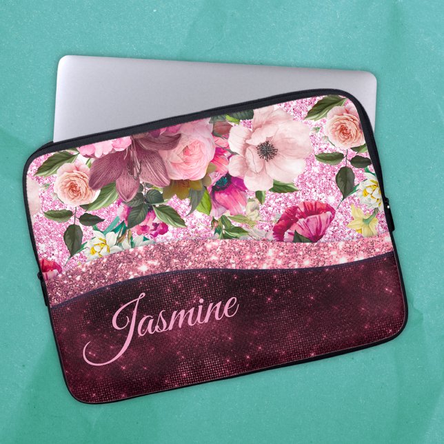 Chic floral Burgundy pink purple glitter monogram Laptop Sleeve (Creator Uploaded)
