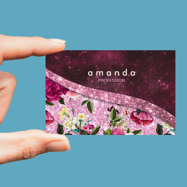 Chic floral Burgundy pink purple glitter monogram Magnetic Business Card (Creator Uploaded)