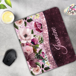 Chic floral Burgundy pink purple glitter monogram Mouse Pad