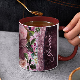 Chic floral Burgundy pink purple glitter monogram Mug