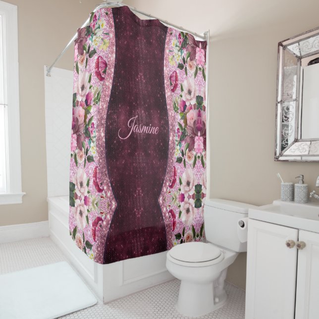 Chic floral Burgundy pink purple glitter monogram Shower Curtain (In Situ)