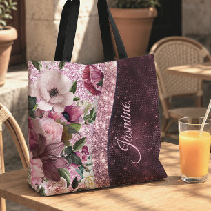 Chic floral Burgundy pink purple glitter monogram Tote Bag