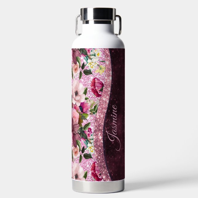 Chic floral Burgundy pink purple glitter monogram Water Bottle (Front)