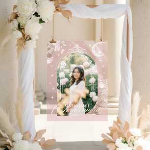 Chic Floral Celestial Moon Stars Photo Quinceanera Acrylic Sign