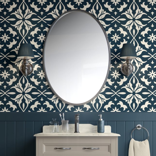 Chic Floral Charm - Deep Teal & Cream - Eclectic  Wallpaper (Chic Floral Charm - Deep Teal & Cream - Eclectic Peel and Stick Wallpaper)