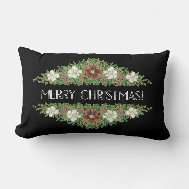 Chic Floral Christmas Roses, Hellebores, Holly Ivy Lumbar Cushion (Front)