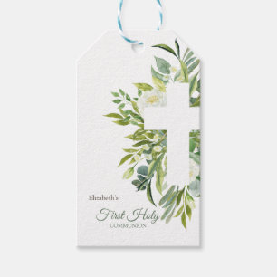 Chic Floral Cross Leaves First Holy Communion    Gift Tags