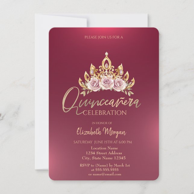 Chic Floral Crown Burgundy Quinceañera  Invitation (Front)
