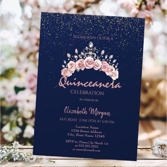 Chic Floral Crown Navy Blue Quinceañera  Invitation (Creator Uploaded)
