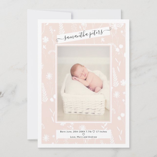 Chic floral dried flowers blush photo baby birth announcement (Front)
