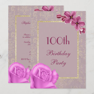 Chic Floral & Elegant Damask 100th Birthday Invitation