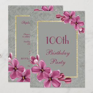 Chic Floral & Elegant Damask 100th Birthday Invitation