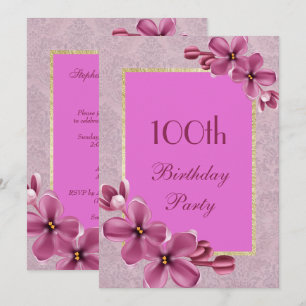 Chic Floral & Elegant Damask 100th Birthday Invitation