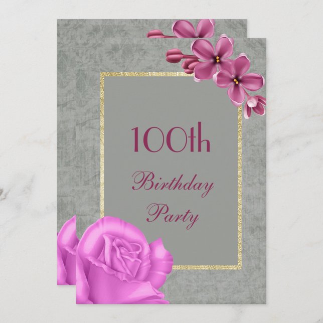 Chic Floral & Elegant Damask 100th Birthday Invitation (Front/Back)