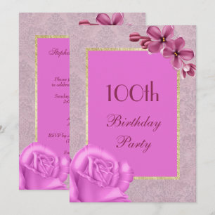 Chic Floral & Elegant Damask 100th Birthday Invitation