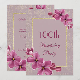 Chic Floral & Elegant Damask 100th Birthday Invitation