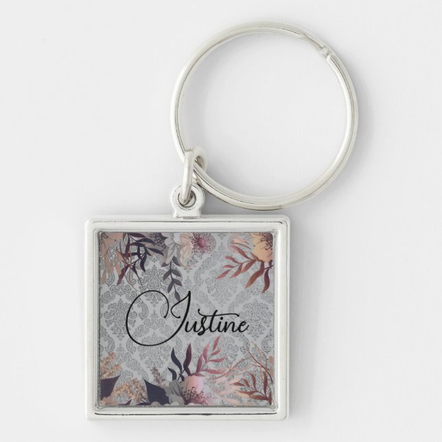 Chic Floral Elegant Damask Personalised   Key Ring (Front)