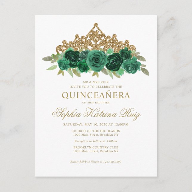Chic Floral Emerald Green Gold Tiara Quinceañera Postcard (Front)