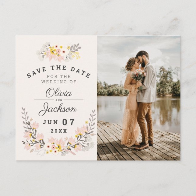 chic floral engagement photo save the date jigsaw  postcard (Front)