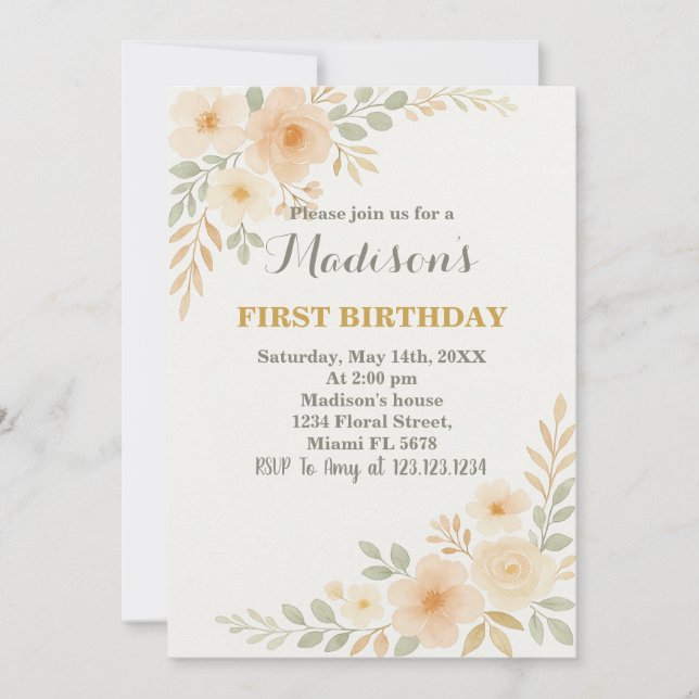 Chic Floral First Birthday Invitation (Front)
