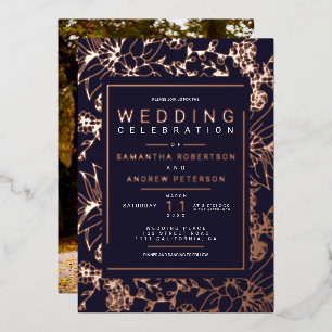 Chic floral frame navy blue elegant wedding photo