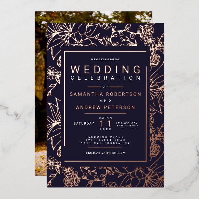 Chic floral frame navy blue elegant wedding photo (Front/Back)