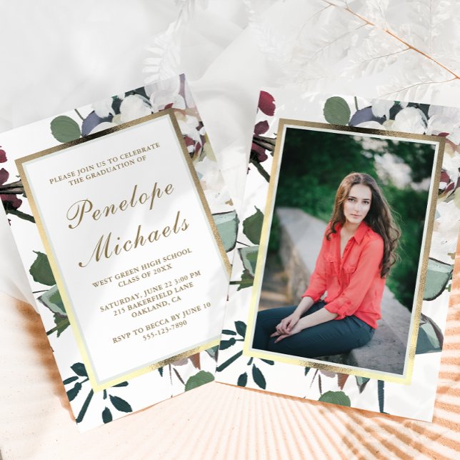Chic Floral Frame Photo Graduation Party Invitation (Creator Uploaded)
