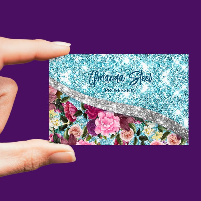 Chic floral glittery aqua purple silver monogram magnetic business card (Creator Uploaded)