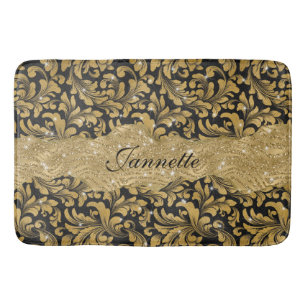 Chic Floral glittery Faux Black Gold Monogram Bath Mat