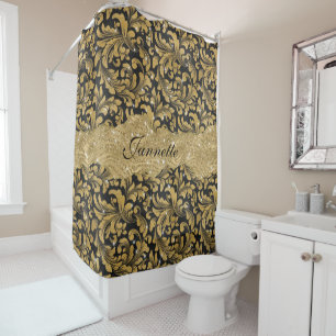 Chic Floral glittery Faux Black Gold Monogram Shower Curtain