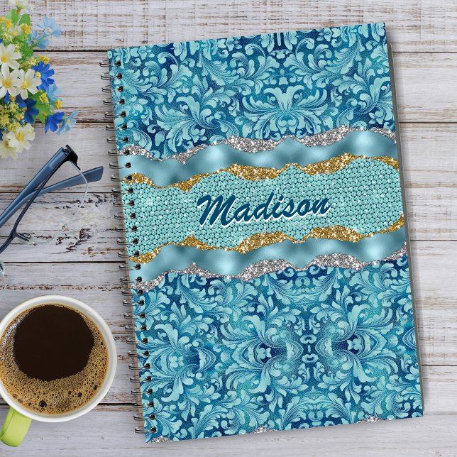 Chic floral glittery gold teal Turquoise monogram Notebook (Creator Uploaded)