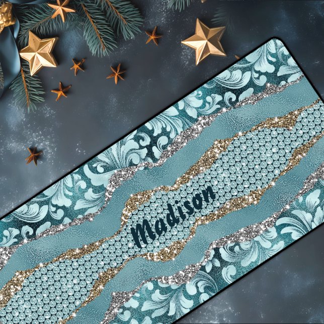 Chic floral glittery gold Turquoise teal monogram Desk Mat (Creator Uploaded)